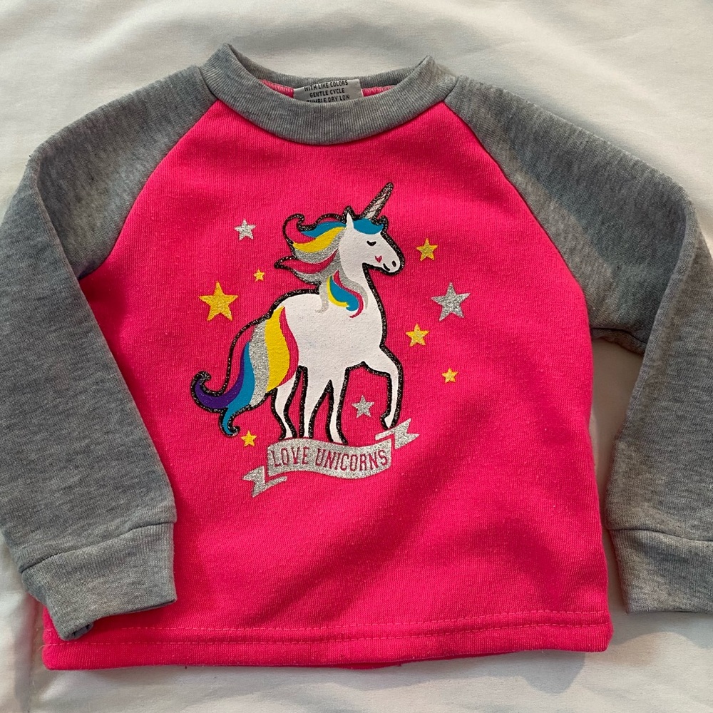 12 MONTH TODDLER BABY GIRL LOVE UNICORNS PINK AND GRAY SWEATSHIRT